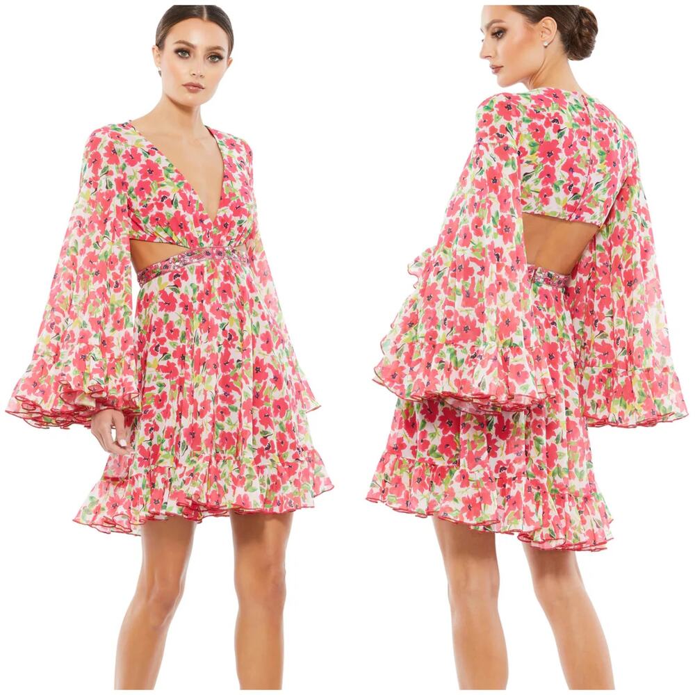 Mac Duggal NWT 9158 Plunging V-Neck Cutout Floral Dress Bell Sleeve Pink Size 0